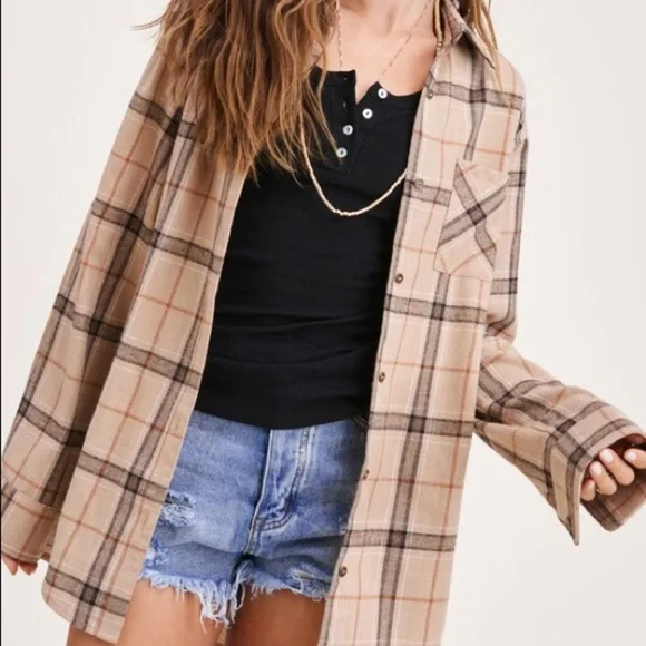 La Miel Tan Camel Plaid Button Down Flannel Small - Picture 10 of 10